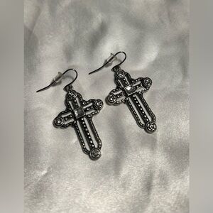 Vintage Filigree Cross Earrings Grey Silver Tone